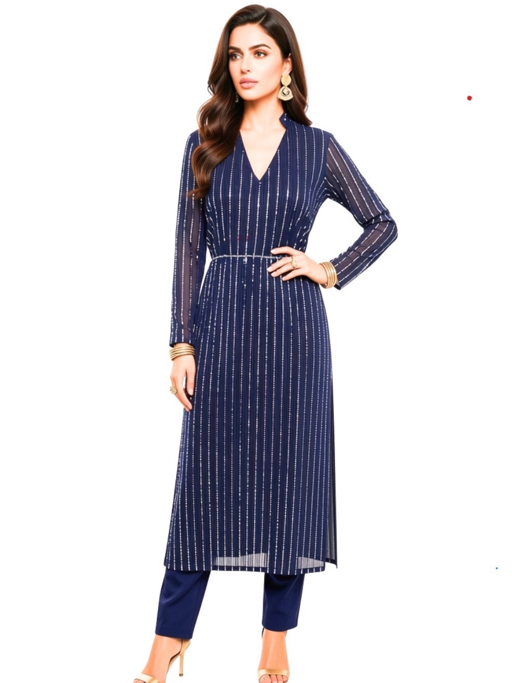 NWT! Indya Luxe Navy Shimmer Kurta / Tunic Dress with Silver Sequin Long Sleeve